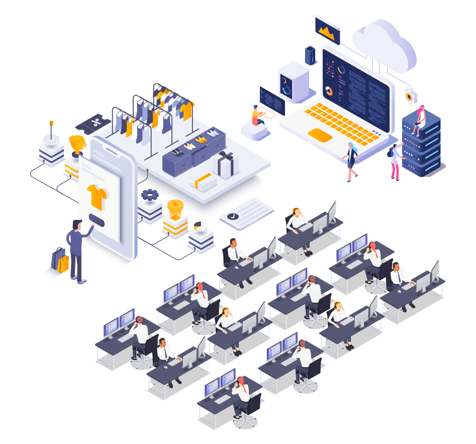 Isometric illustration of a group of people working on computers in an outbound call center.