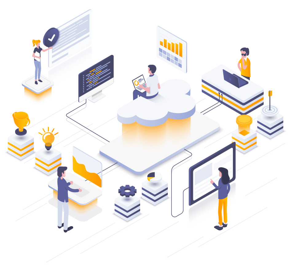 Isometric illustration of a group of people working on outbound call center solutions.