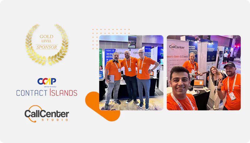 Call Center Studio's stand at the CCAP Contact Islands event. The image features two photos of the team wearing bright orange shirts, smiling, and engaging with attendees. The background includes event booths with banners and promotional materials. On the left side of the image, a 'Gold Level Sponsor' badge is displayed alongside the CCAP and Call Center Studio logos, emphasizing the company's sponsorship status