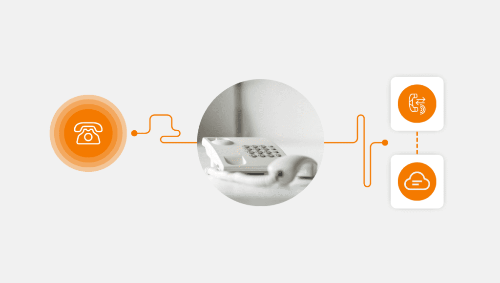 Image of a white office phone in a circular cutout, with orange icons for call and cloud services connected by lines, visually representing the process of setting up phone extensions. Blog thumbnail for "4 Easy Steps in Setting Up Phone Extension For Your Business" on callcenterstudio.com.