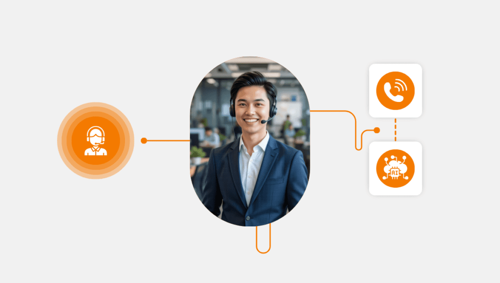 A smiling call center agent wearing a headset, connected to AI and phone call icons, symbolizing AI integration in call center operations. The image represents how AI reduces costs while maintaining service quality. Blog by Call Center Studio: How AI Reduces Costs in Call Center Operations Without Compromising Quality.