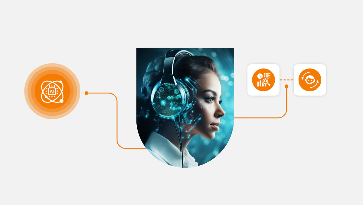 A futuristic illustration of a woman wearing AI-powered headphones, symbolizing the integration of artificial intelligence in contact centers. Connected icons represent data analytics and customer interaction automation. Blog by Call Center Studio: What is an AI Contact Center?