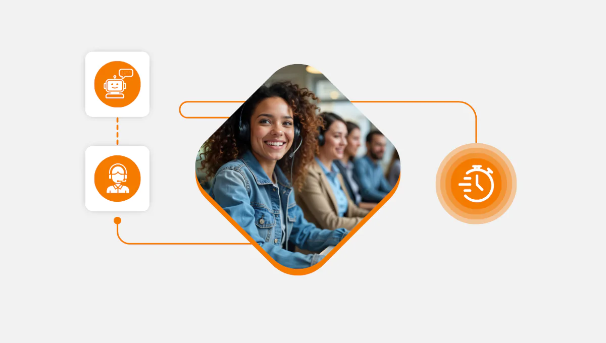 Smiling call center agents using AI-powered solutions to reduce customer wait times efficiently – Call Center Studio's innovative contact center technology.