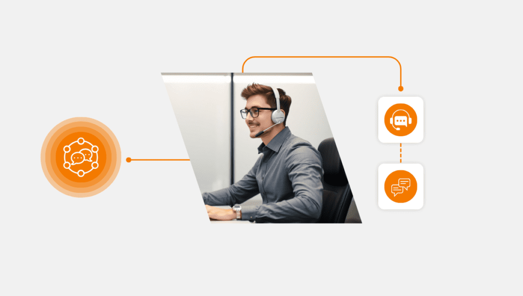 The Role of Artificial Intelligence in Multi-Channel Customer Engagement 1 A smiling customer service representative wearing a headset, connected to AI-powered communication channels through digital icons. The image represents the integration of artificial intelligence in multi-channel customer engagement. Blog by Call Center Studio: The Role of Artificial Intelligence in Multi-Channel Customer Engagement.