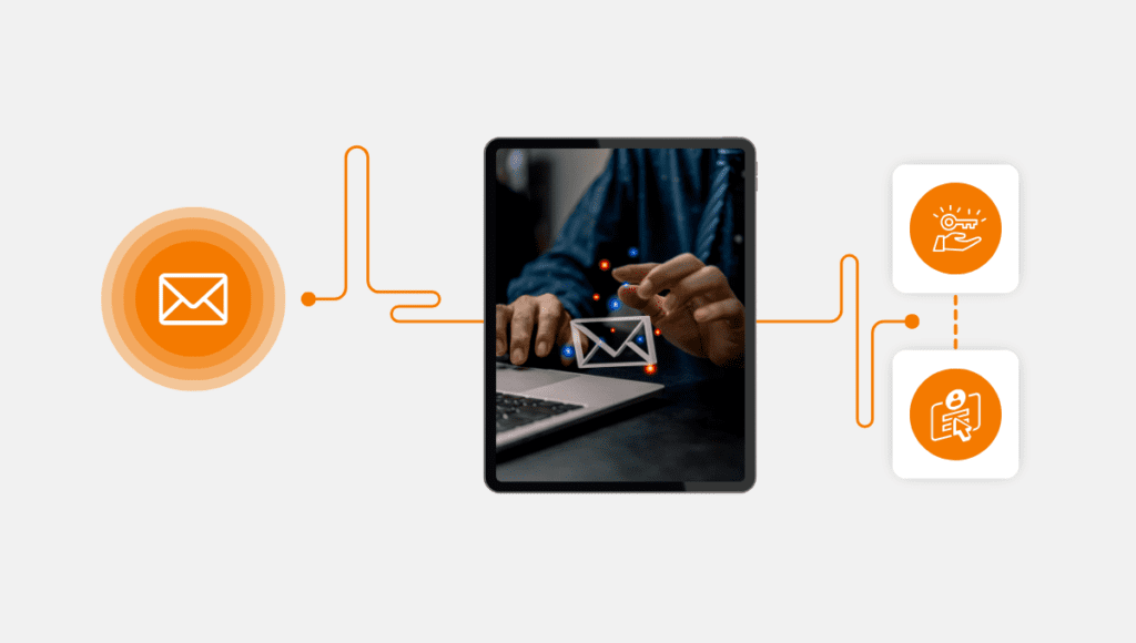 Image depicting email communication flow, with an email icon on the left, a tablet showing a person typing with an email symbol, and connected to icons representing open rates and click-through rates on the right, illustrating "The Role of E-Mail in Modern Performance Marketing Strategies."