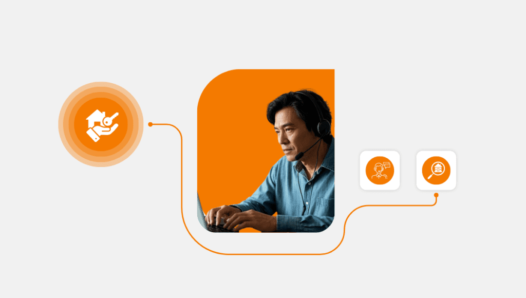 A real estate contact center agent using a headset and laptop, representing how Call Center Studio enhances property sales with cloud-based communication solutions.