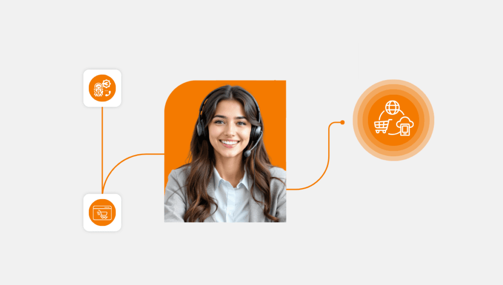 Elevating E-Commerce Customer Support with Contact Center Technology 1 Smiling female call center agent wearing a headset, representing excellent customer service in e-commerce. Connected icons highlight cloud-based shopping, digital transactions, and AI-powered customer support. Call Center Studio empowers seamless e-commerce interactions with innovative contact center solutions.