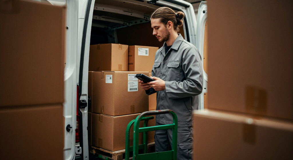 delivery man scanning packages van Call Center Studio